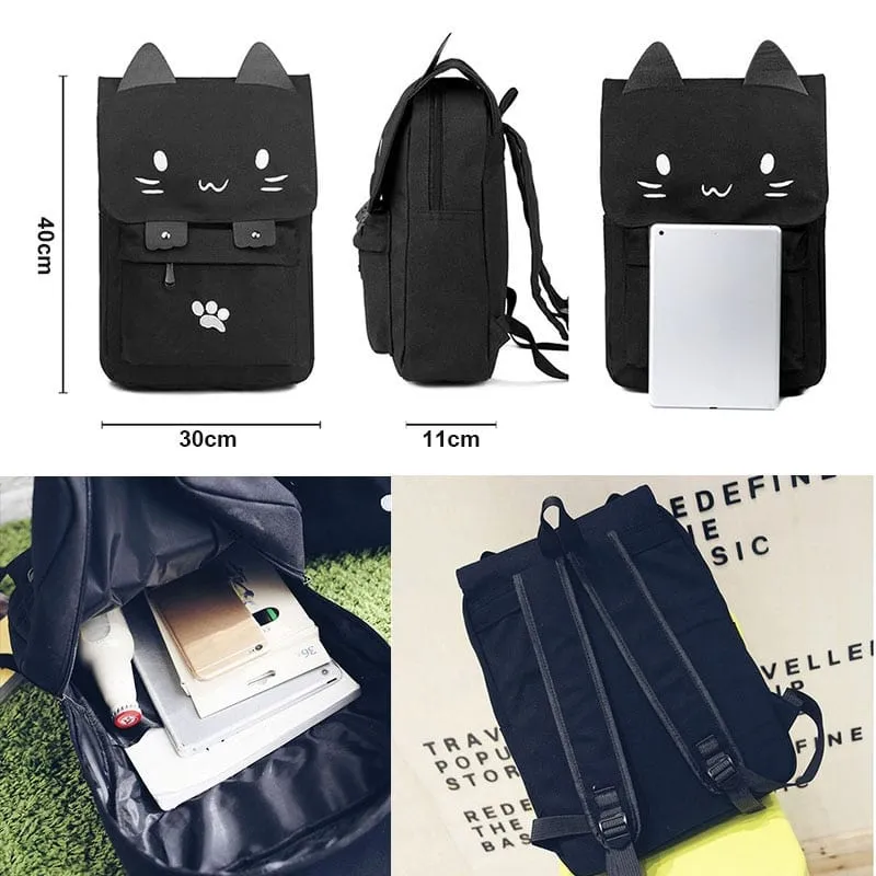 Cute Cat Black Canvas Backpack