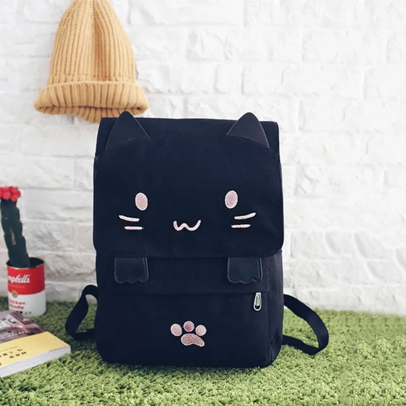 Cute Cat Black Canvas Backpack