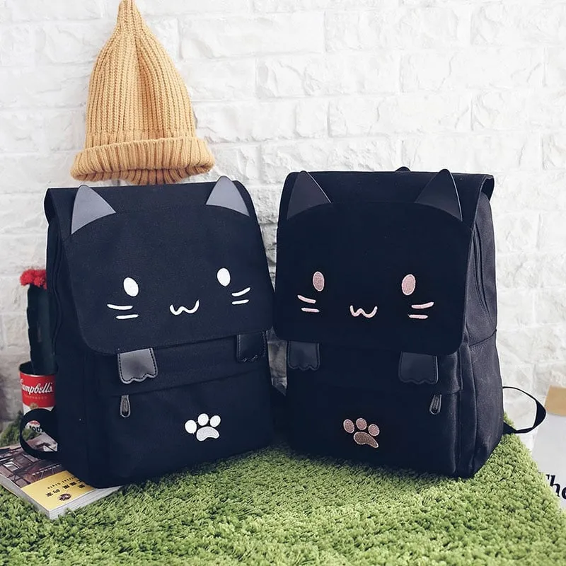 Cute Cat Black Canvas Backpack