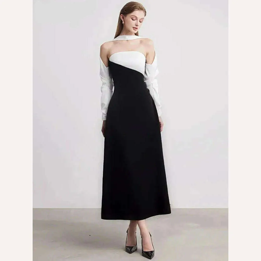 DEAT Elegant Dress Strapless Off Shoulder Contrast Color Asymmetric Women's Party Halter Dress 2024 Summer New Fashion 13DB4516