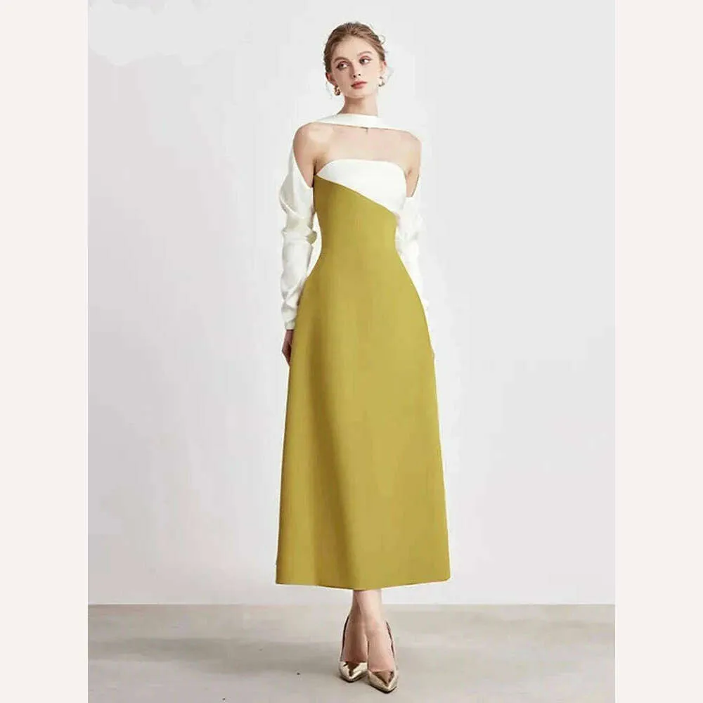 DEAT Elegant Dress Strapless Off Shoulder Contrast Color Asymmetric Women's Party Halter Dress 2024 Summer New Fashion 13DB4516