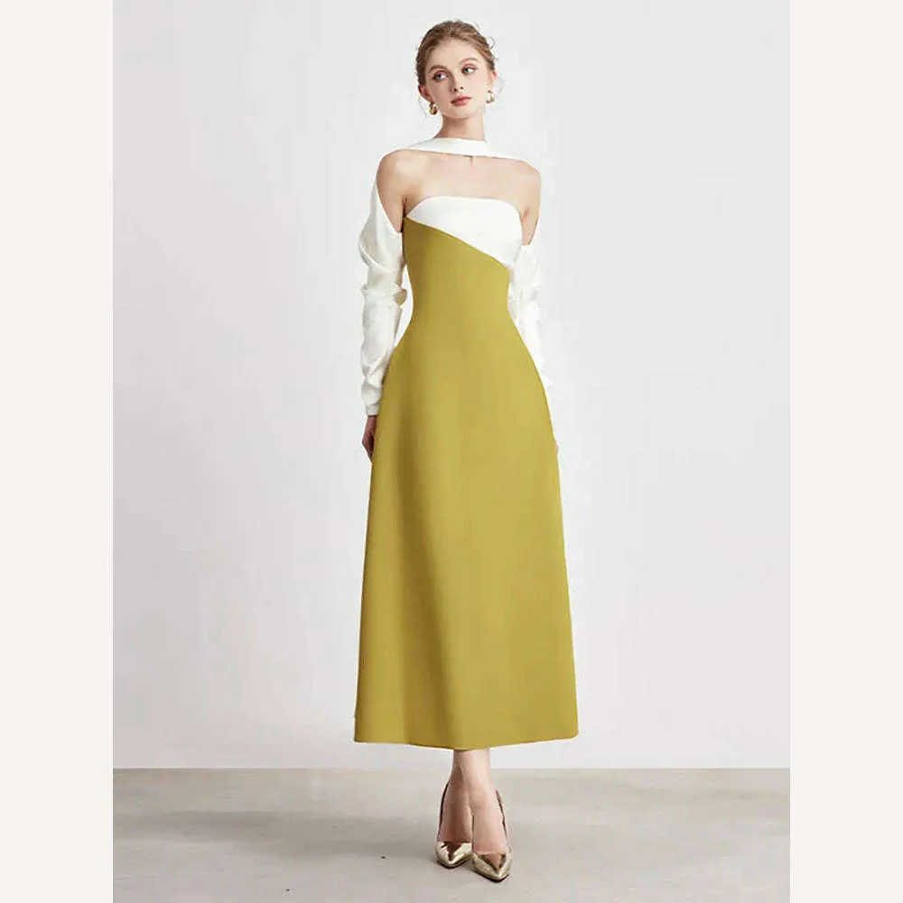 DEAT Elegant Dress Strapless Off Shoulder Contrast Color Asymmetric Women's Party Halter Dress 2024 Summer New Fashion 13DB4516
