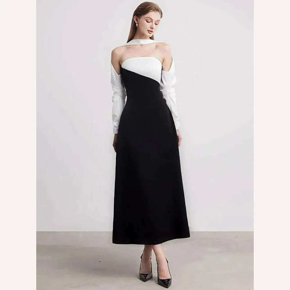 DEAT Elegant Dress Strapless Off Shoulder Contrast Color Asymmetric Women's Party Halter Dress 2024 Summer New Fashion 13DB4516