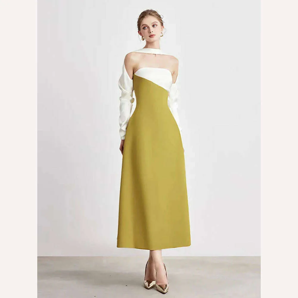 DEAT Elegant Dress Strapless Off Shoulder Contrast Color Asymmetric Women's Party Halter Dress 2024 Summer New Fashion 13DB4516