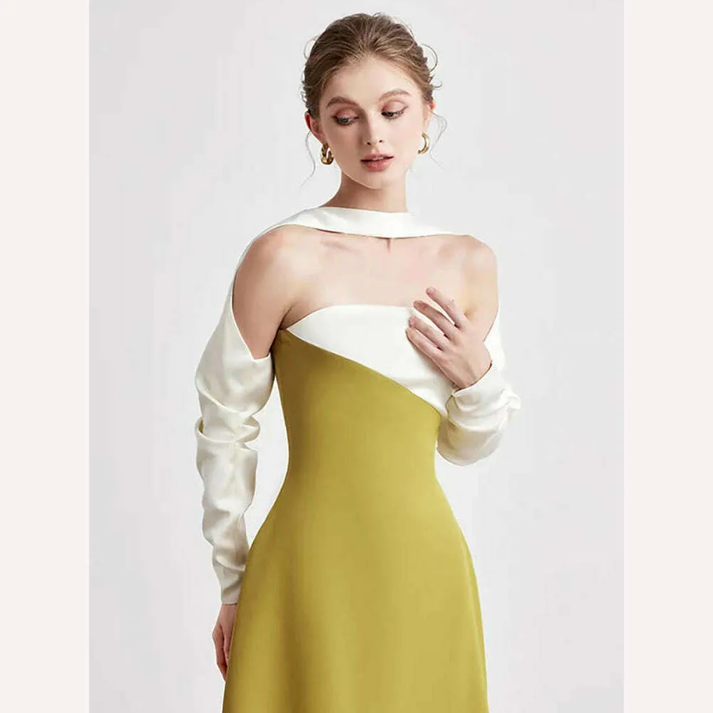 DEAT Elegant Dress Strapless Off Shoulder Contrast Color Asymmetric Women's Party Halter Dress 2024 Summer New Fashion 13DB4516