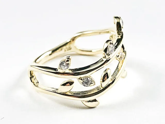 Elegant Cute Open Leaf Floral Shiny Metallic & CZ Gold Tone Silver Ring