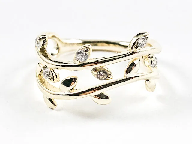 Elegant Cute Open Leaf Floral Shiny Metallic & CZ Gold Tone Silver Ring