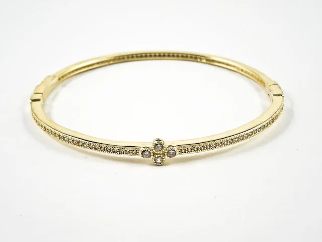 Elegant Dainty Thin Center Floral CZ With CZ All Around Gold Tone Silver Bracelet Bangle