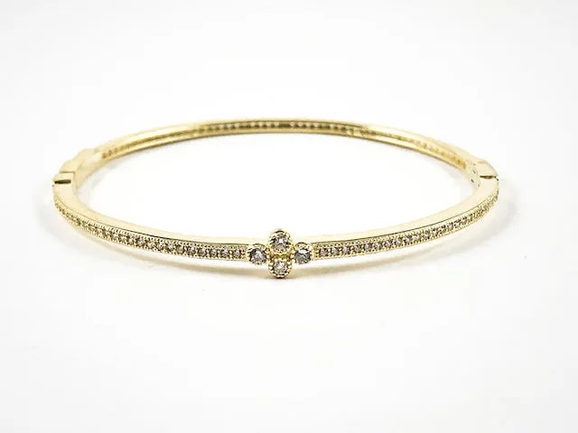 Elegant Dainty Thin Center Floral CZ With CZ All Around Gold Tone Silver Bracelet Bangle