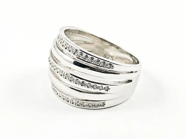 Elegant Multi Row CZ & Metallic Surface Design Pattern Silver Ring