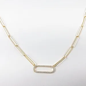 Elegant paper clip chain oval gold tone silver necklace