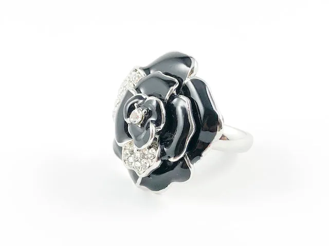 Elegant Rose Petal Design Black Enamel Brass Ring