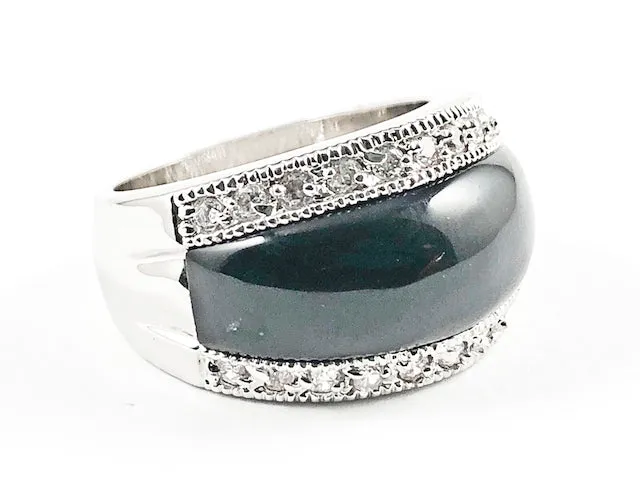Elegant Simple Center Black Stone With Top & Bottom CZ Brass Ring