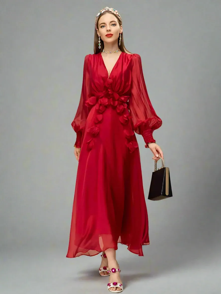 Elegant Slim Fit Maxi Dress with Petal Detail