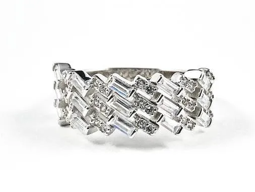 Elegant Unique Wave Slant Fine CZ Setting Pattern Silver Ring