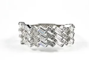 Elegant Unique Wave Slant Fine CZ Setting Pattern Silver Ring