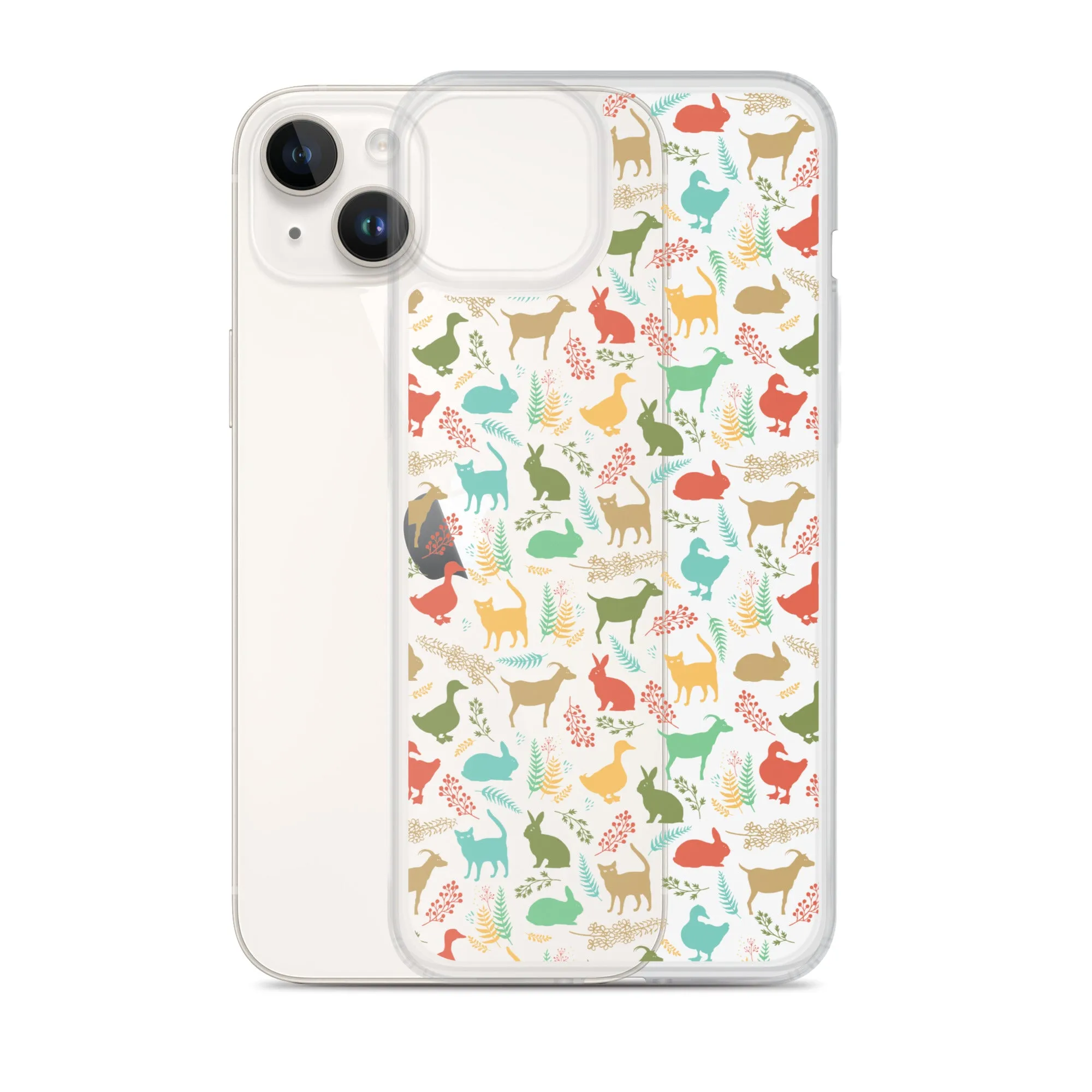 Farm Animals Clear iPhone 15 14 13 12 Pro Max, Cute Goat Rabbit Cat Duck Pattern Print iPhone 11 Mini SE XS Max XR X 7 8 Cell Phone