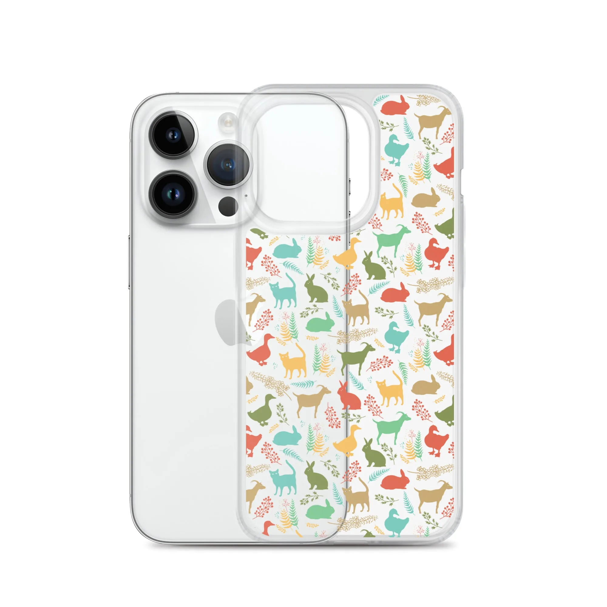 Farm Animals Clear iPhone 15 14 13 12 Pro Max, Cute Goat Rabbit Cat Duck Pattern Print iPhone 11 Mini SE XS Max XR X 7 8 Cell Phone