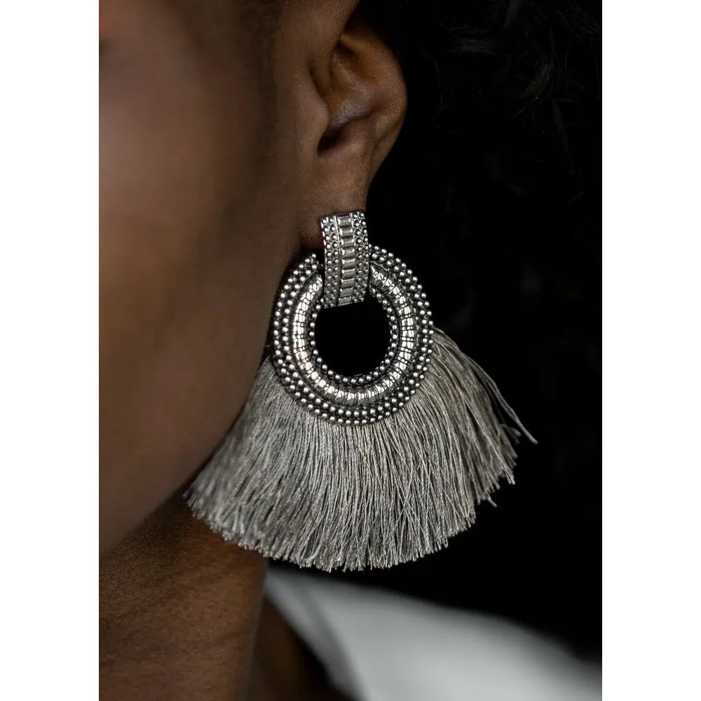 Fierce Gray Ornate Tassel Earrings