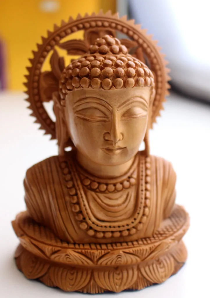 Finely Handcarved Buddha Wooden Bust