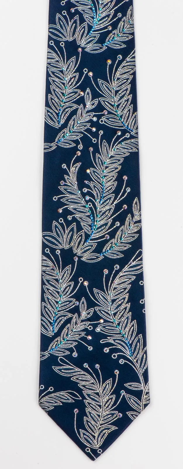 Floral On Navy Blue Rhinestone Silk Tie With Silver Sparkles