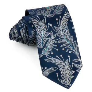 Floral On Navy Blue Rhinestone Silk Tie With Silver Sparkles