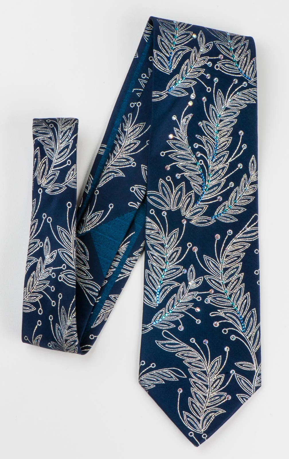 Floral On Navy Blue Rhinestone Silk Tie With Silver Sparkles
