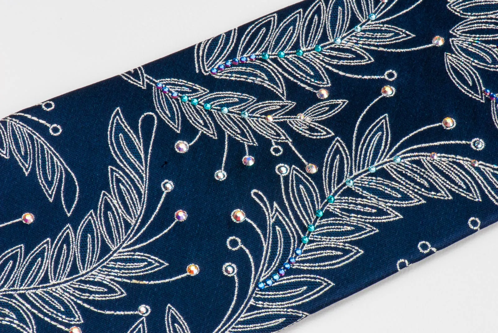 Floral On Navy Blue Rhinestone Silk Tie With Silver Sparkles