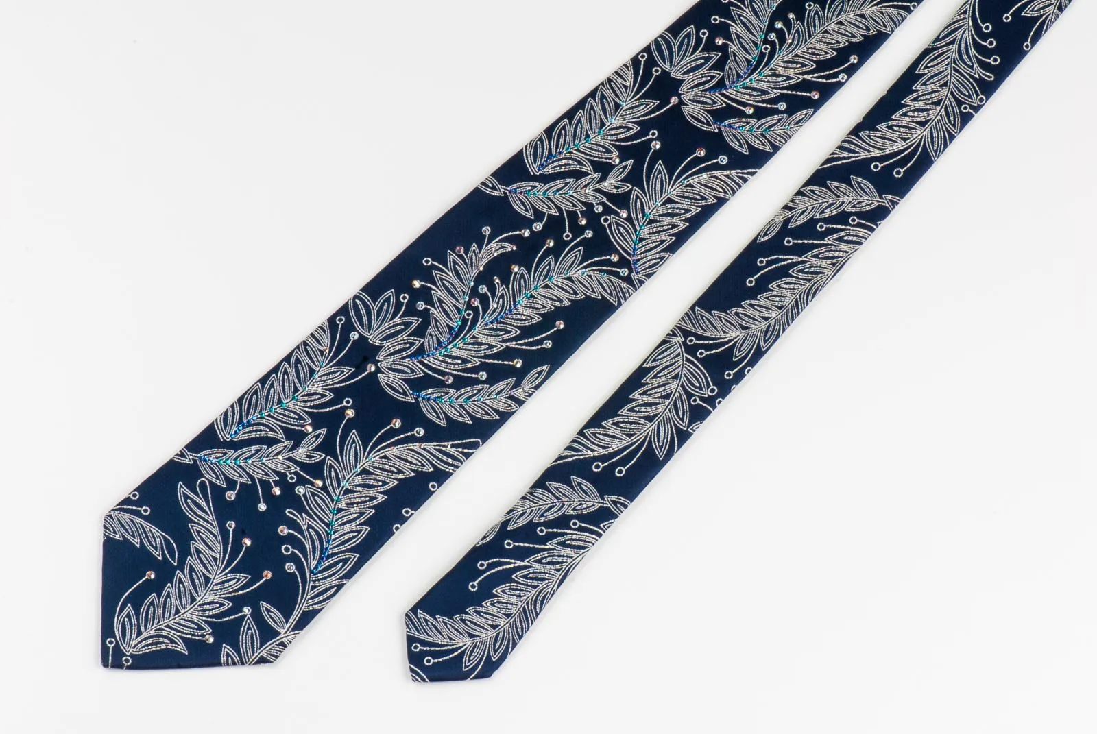 Floral On Navy Blue Rhinestone Silk Tie With Silver Sparkles