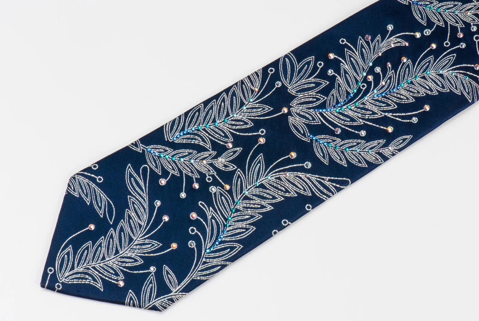 Floral On Navy Blue Rhinestone Silk Tie With Silver Sparkles