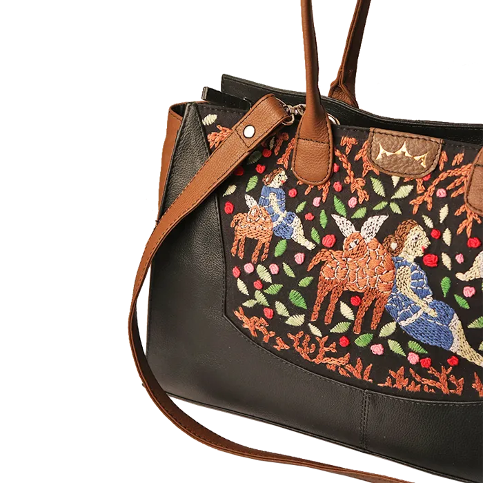 Genuine Leather-Kantha Handcrafted Sonar Horeen Handbag (Black-Brown)
