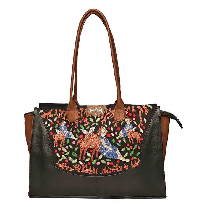 Genuine Leather-Kantha Handcrafted Sonar Horeen Handbag (Black-Brown)