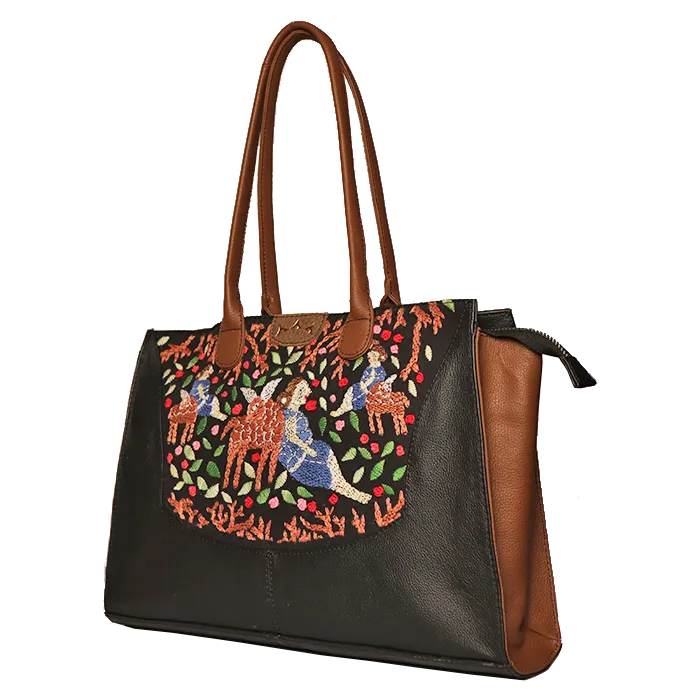 Genuine Leather-Kantha Handcrafted Sonar Horeen Handbag (Black-Brown)