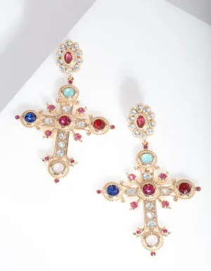 Gold Multi Gem Cross Earrings