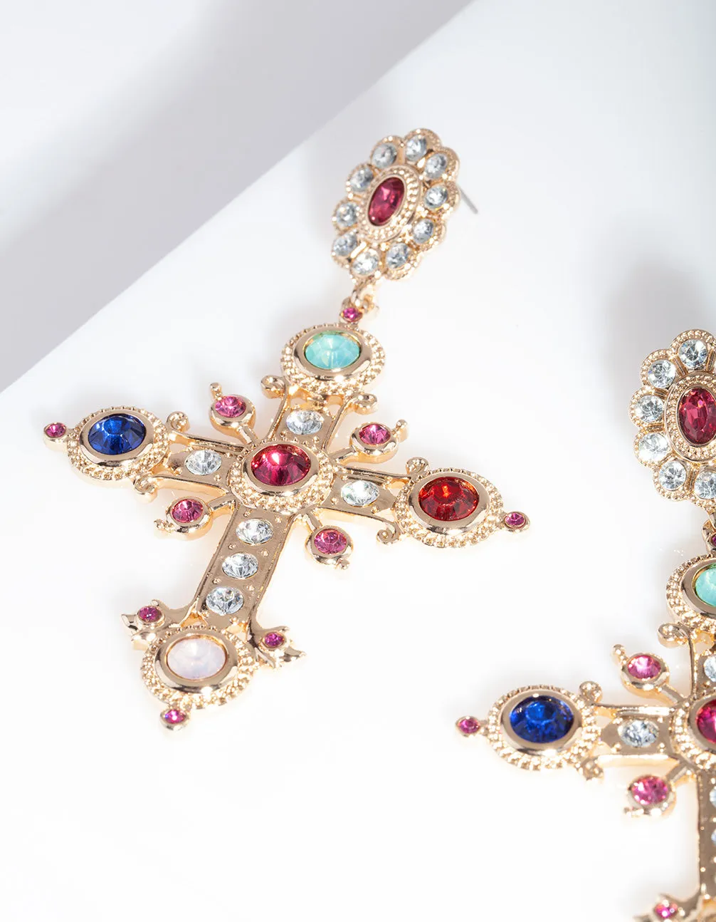 Gold Multi Gem Cross Earrings