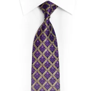 Gold Purple Ornate Design On Navy Rhinestone Silk Necktie With Gold Sparkles