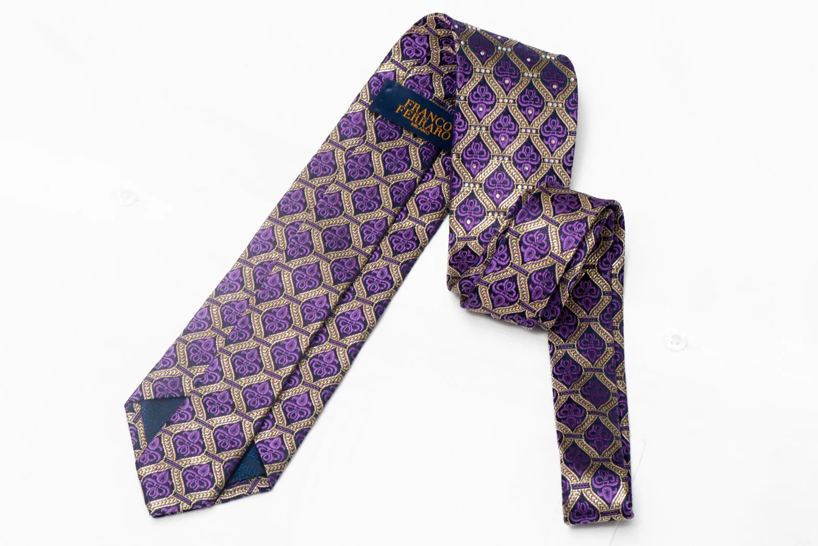 Gold Purple Ornate Design On Navy Rhinestone Silk Necktie With Gold Sparkles