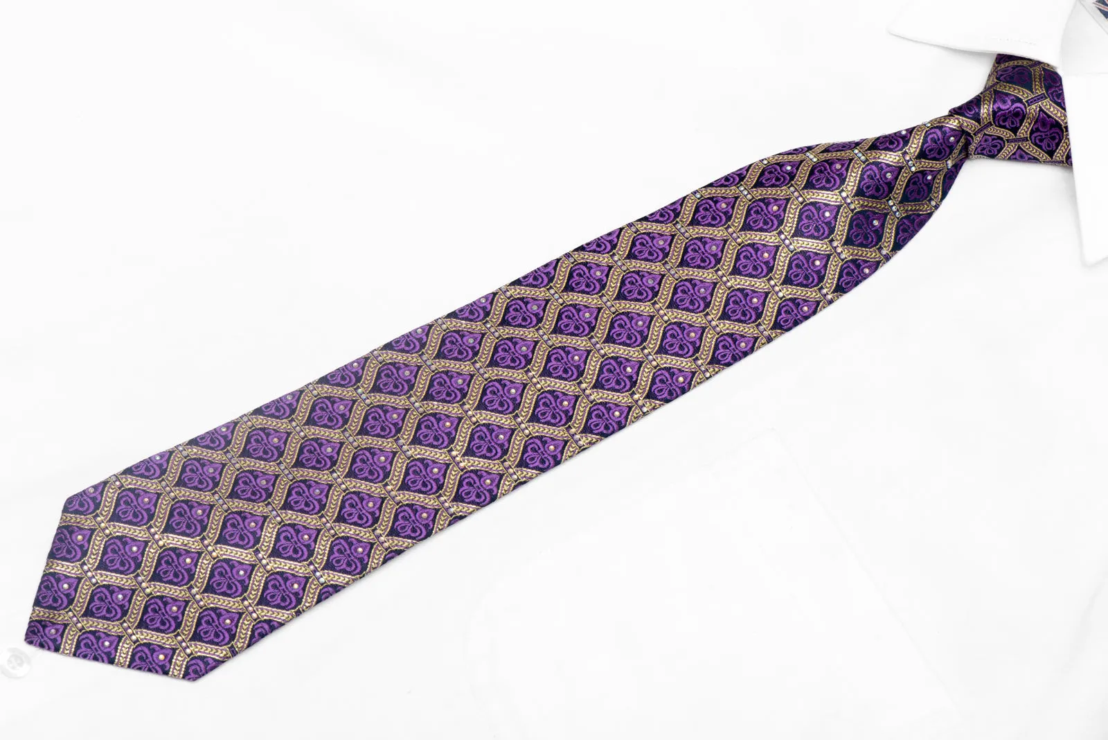 Gold Purple Ornate Design On Navy Rhinestone Silk Necktie With Gold Sparkles