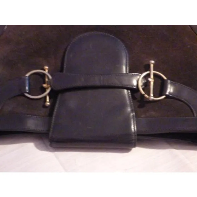 Gucci Vintage Grey Suede Navy Leather Hobo Bag