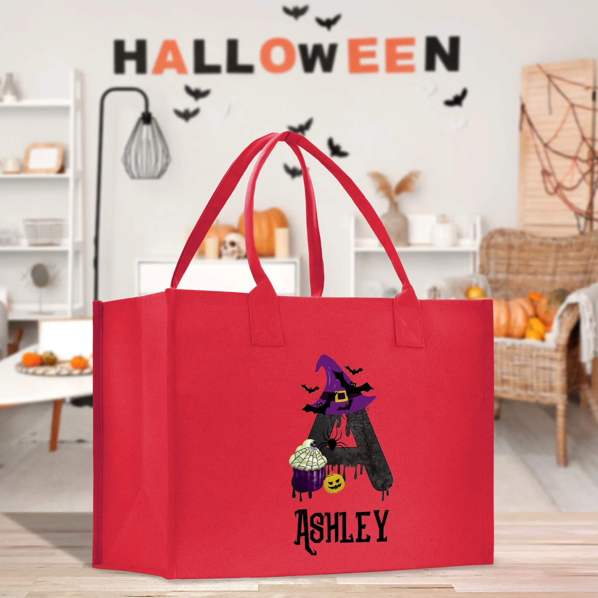 Halloween Trick or Treat Tote Bag Halloween Bag for Kids Halloween Gift Halloween Candy Bag Halloween Doodles Cute Canvas Tote Bag (HW1035)