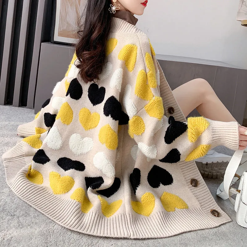 Heart Print Oversized Cardigan