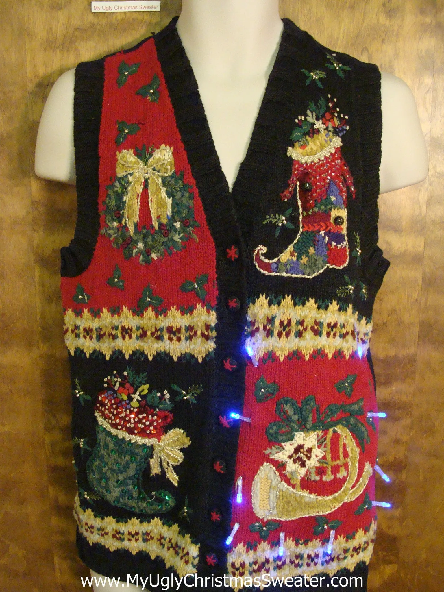 Horrible Ornate Stockings Light Up Ugly Xmas Sweater Vest