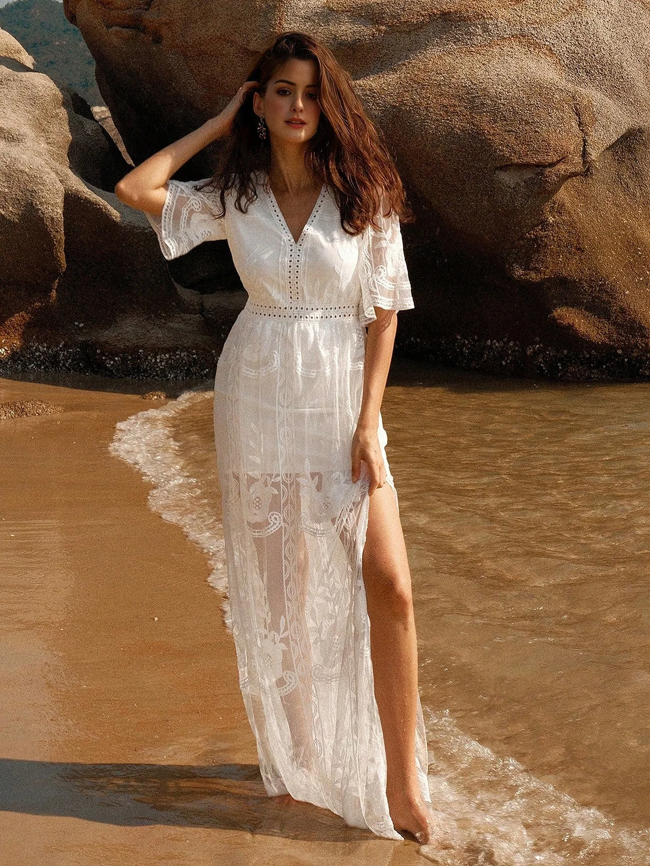 Isabella Women V-Neck Casual Split Hem Holiday Dress For Spring And Summer