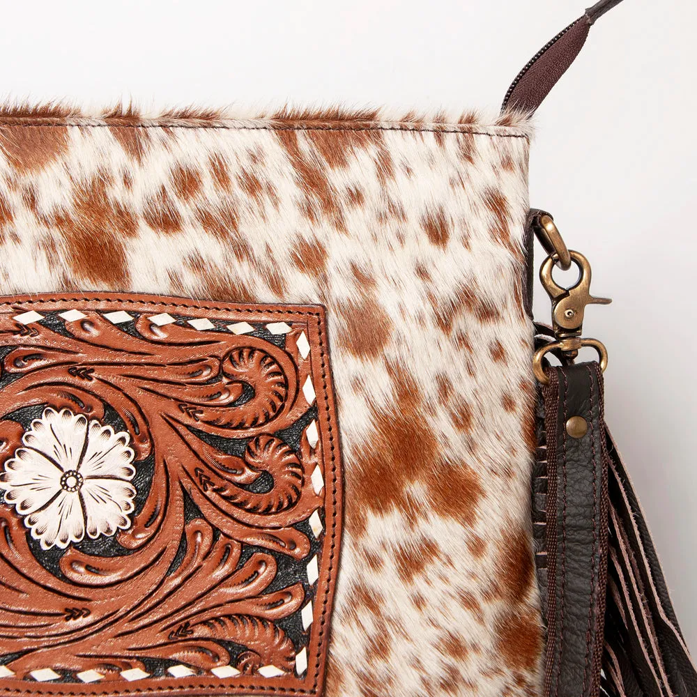 KBA124 - KBA124 -CROSS BODY Hand Tooled Saddle Leather and Upcycled Canvas Ladies Bag 13.5x16 KBA124