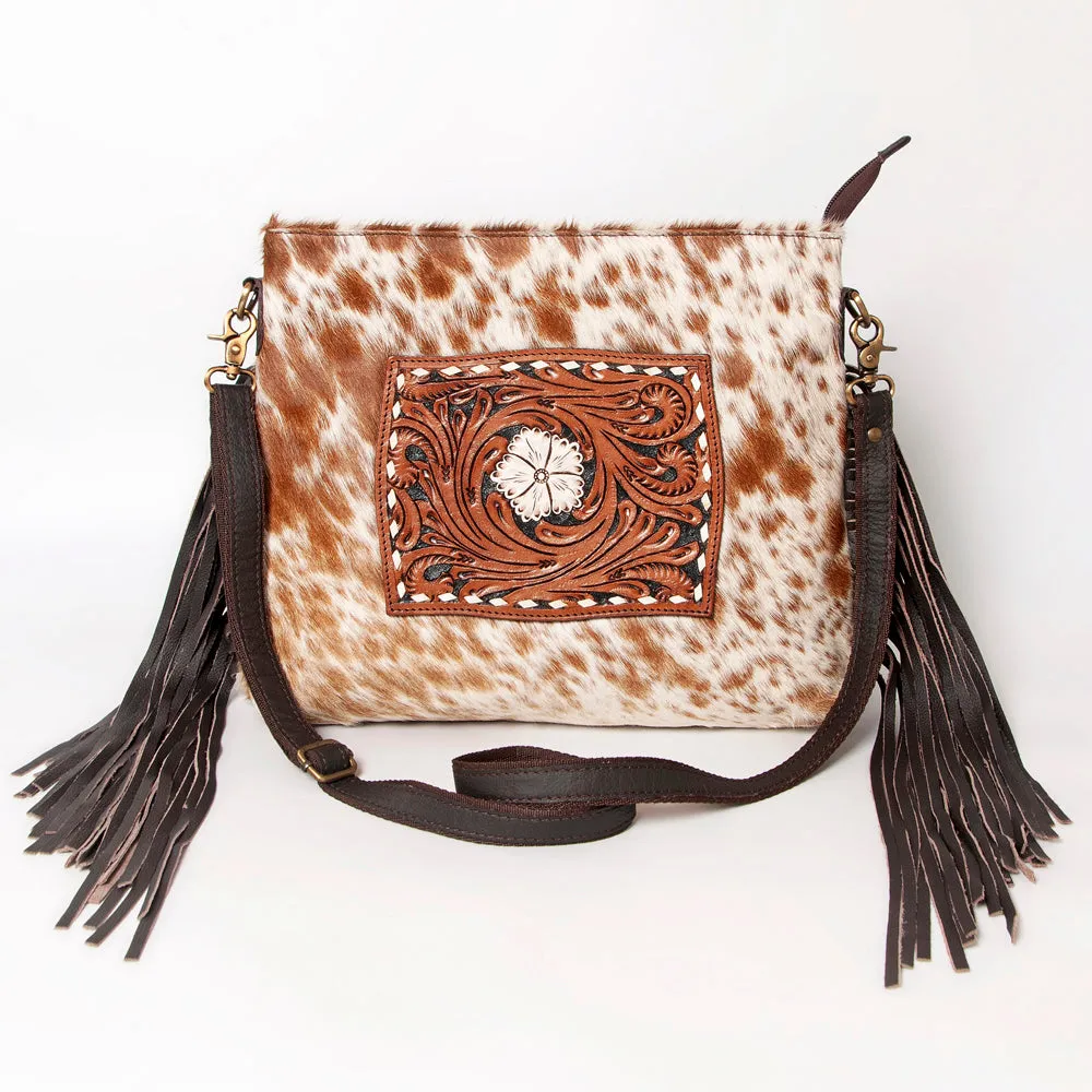 KBA124 - KBA124 -CROSS BODY Hand Tooled Saddle Leather and Upcycled Canvas Ladies Bag 13.5x16 KBA124