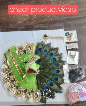 Laddu gopal diwali shringar full green morpankh dress, mala, bansuri, kangan, nappy, hair and kalangi combo