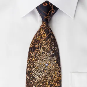 Lancetti Rhinestone Silk Necktie Brown Orange Scrolls On Black