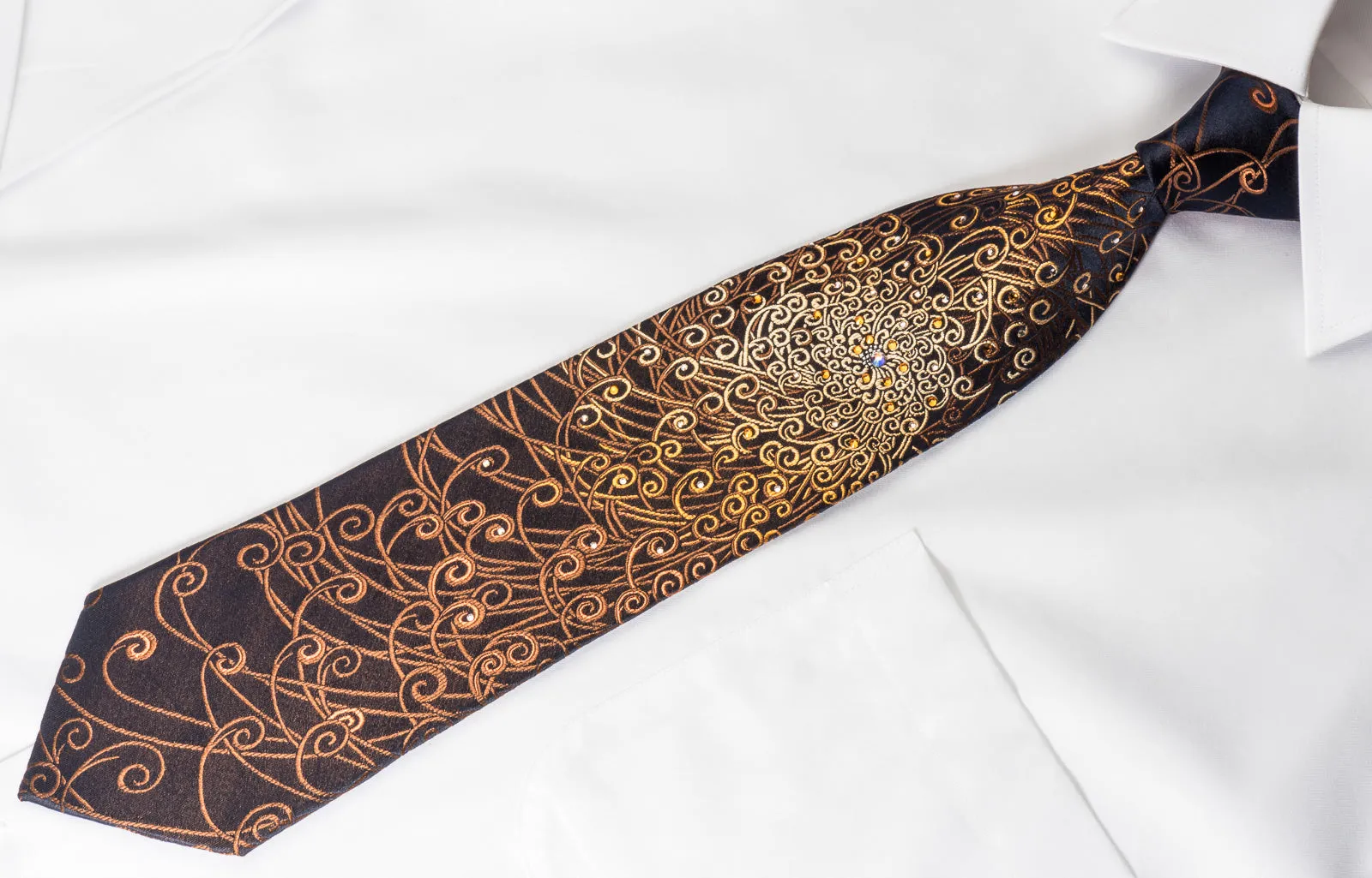 Lancetti Rhinestone Silk Necktie Brown Orange Scrolls On Black