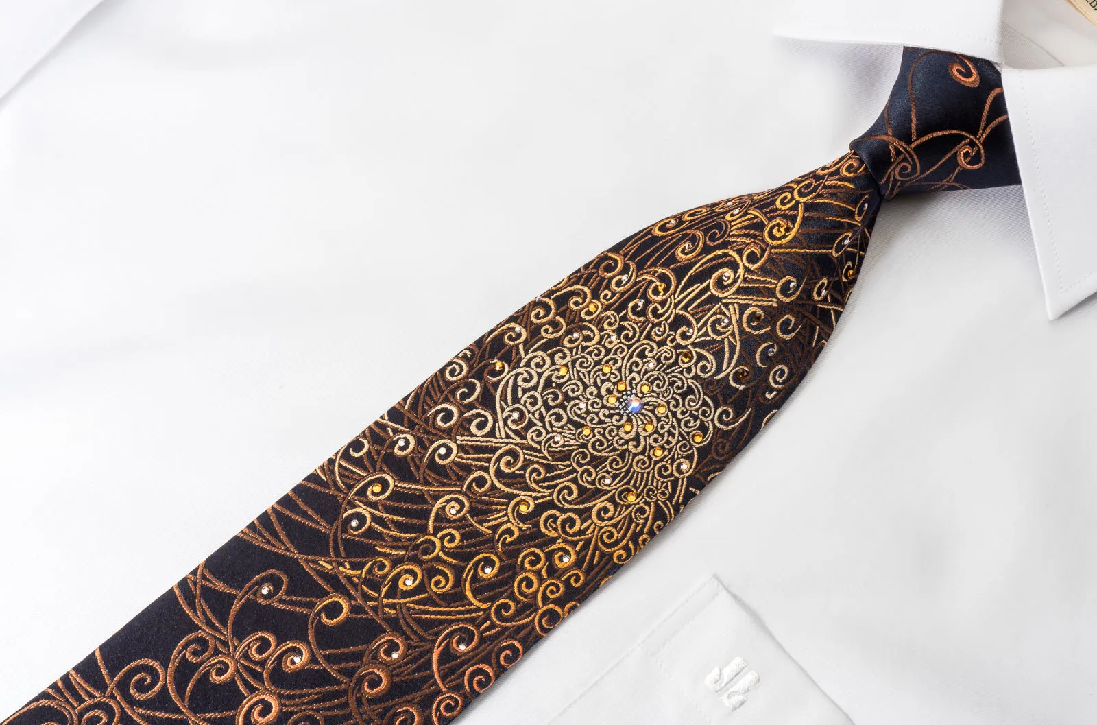 Lancetti Rhinestone Silk Necktie Brown Orange Scrolls On Black