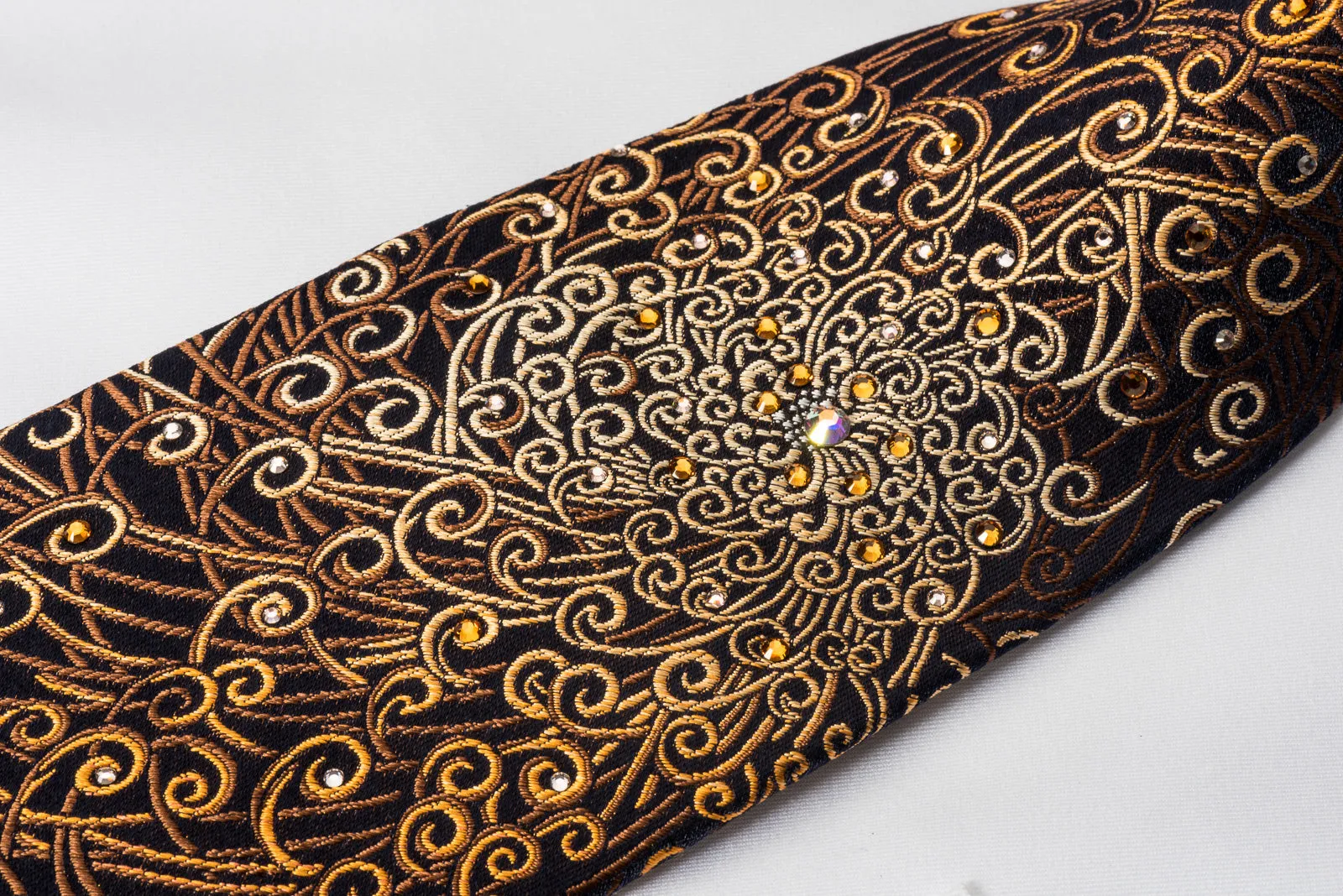 Lancetti Rhinestone Silk Necktie Brown Orange Scrolls On Black